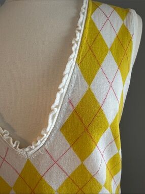 J Crew Argyle V Neck Vest Tank - White/Yellow, Size L